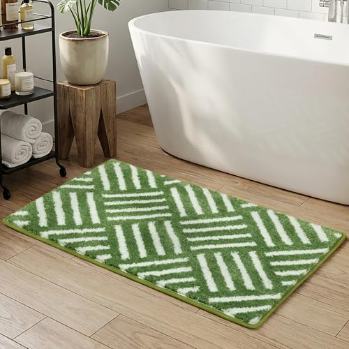 ORTIGIA Striped Green Bathroom Rugs Non Slip Washable, 20x30 Quick Dry Absorbent Soft Plush Microfiber Bath Mats, Bath Rugs for Bathroom Floor Carpet for Sink Bedroom