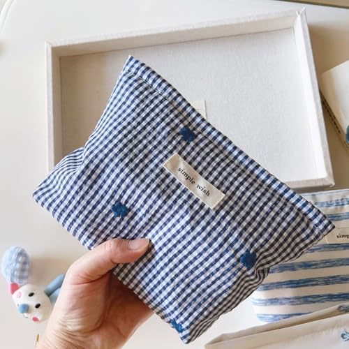 Wudygirl Makeup Bag Travel Cosmetic Bag for Women Small Makeup Pouch with Handle Zipper Cosmetic Pouch Handbag Aesthetic 8.3" x 5.9"(Navy Checkered) - color: Navy Checkered