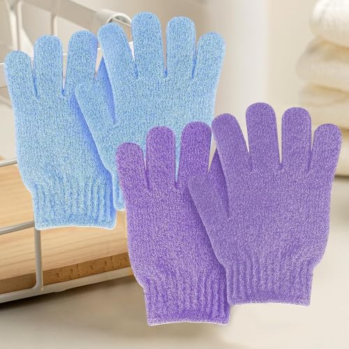 4 PCS Exfoliating Wash Gloves，Bath Sponges，Dual Texture Bath Gloves for Shower Body Scrub, Deep Cleansing Removes Dead Skin for Both Women and Men（Blue+Purple） - color: B1-2blue 2purple