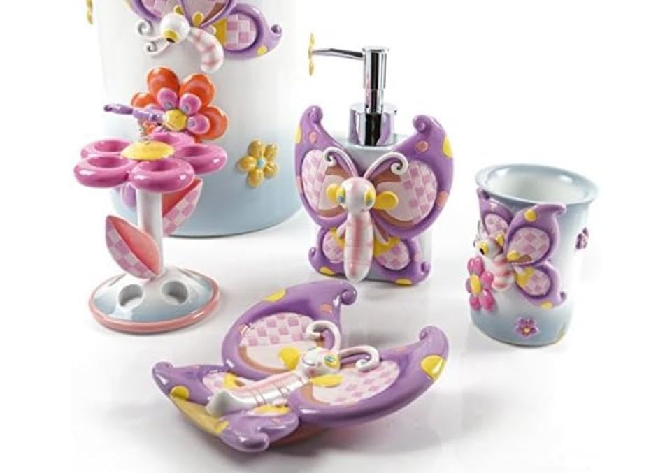 Wendin Cartoon Series Bath Accessory Set, Soap Dispenser Pump, Toothbrush Holder, Tumbler, Soap Dish Resin Art Color Decoration (Butterfly Cup) - color: Butterfly Cup