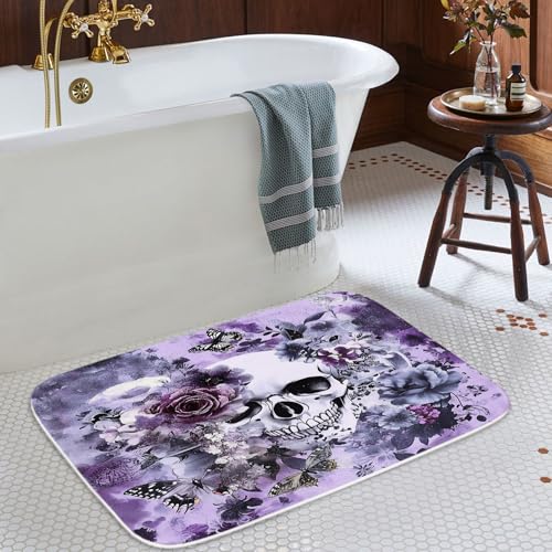 Funny Floral Gothic Halloween Bath Rugs Non Slip Shower Mat Colorful Skull Funky Bathroom Decor Door Rug (16x24 inches, Purple Skull) - color: Multi Color 12, size: 2' x 1'4" (Rectangular)