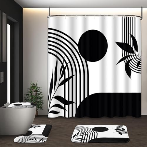 Boho Mid Century Shower Curtain Set with Toilet Lid Cover and Non-Slip Rugs, Abstract Geometric Black White 4 Pcs Modern Minimalist Vintage Shower Curtain for Bathroom Set with 12 Hooks - color: Boho Black White