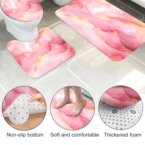 Lnond 4Pcs Bathroom Sets with Shower Curtain and Rugs, Pink Gold Marble Modern Art Shower Curtain Sets with Rugs and Accessories - color: Pink Gold Marble