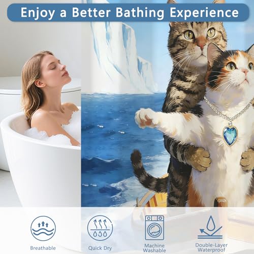 No Hook Bathroom Shower Curtain with Detachable Liner, Ocean Theme Funny Cat Shower Curtain with Translucent Top Window and Weighed Hem, Double-Layer Waterproof Bath Curtain, 71x74 Inch - color: Romantic Cat