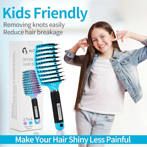 Boar Bristle Hair Brush Set of 2, HIPPIH Wet & Dry Hair Brushes Made by Fine Natural Boar Hair Can Adds Shine and Smoothing, Detangling Hairbrush for Women, Men & Kids' Long Curly Thick Hair - color: Mint Blue & Pink