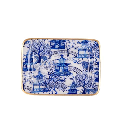 Jaye’s Studio Garden Party Decorative White and Blue Soap Dish for Bathroom, Enamel Tray, Vanity Tray for Dresser, Countertop, Sink Soap Tray for Desk, Jewelry Tray Gold, Key Plate, Chinoiserie Decor - color: Blue & White