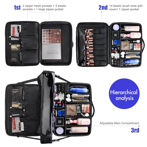 Relavel Extra Large Makeup Case, Makeup Artist Set Bag Professional Cosmetic Organizer Bag Storage Box with Makeup Brush Holder, Adjustable Dividers and Shoulder Strap, Black - color: Black, size: X Large
