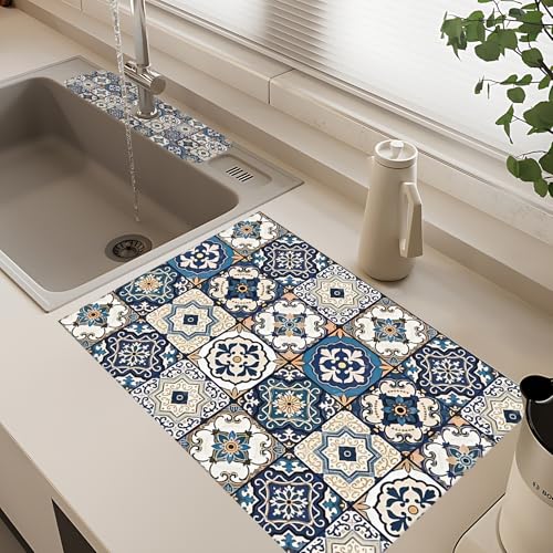 2Pcs Dish Drying Mats Faucet Mats Sets Large Size Coffee Mats Sink Faucet Mat Splash Guard for Kitchen Counter Bathroom Sink Coffee Bar Kitchen Decor (Blue Boho, 18"x24" 15" x 5.5"Set) - color: Blue Boho