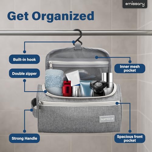 emissary Hanging Travel Toiletry Bag for Men, Dopp Kit - Gray | Built-in hook, waterproof wipe-clean lining, clear & mesh pockets; men's travel toiletry organizer, folds flat - color: Gray