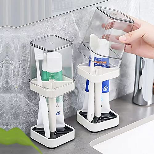 Toothbrush Holder with Cup/Cover Contains 3 Slots, Compatible with Conventional Toothbrushes, Can Store Toothpaste (Rectangle) - color: Cream Color A(vertical)
