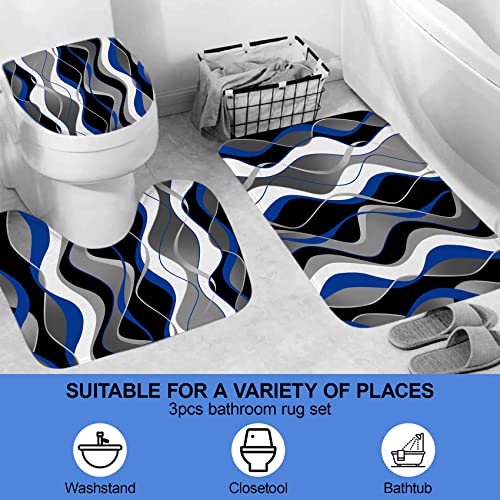 4Pcs Blue Shower Curtain Sets with Non-Slip Rugs, Toilet Lid Cover and Bath Mat, Black and Gray Bathroom Decor Set Accessories Fabric Waterproof Shower Curtains with 12 Hooks, 72 x 72 Inch - color: Blue