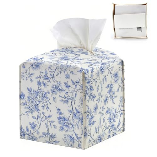 Vinatge Flroal Blue Tissue Box Cover Square, Floral Chinoiserie Tissue Box Holder Cube, Flower Decorative Japanese Style Holder for Home Bathroom Desktop Decoration 5.4x5.4x5.3 - color: Blue Floral