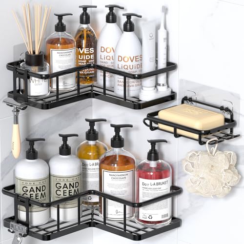 YASONIC Corner Shower Caddy Adhesive, 100% Rustproof Shower Organizer with Soap Holder, No Drill Shower Shelf for Inside Shower, Wall-Mounted Shower Storage for Homes (3 Pack, Black) - color: Black