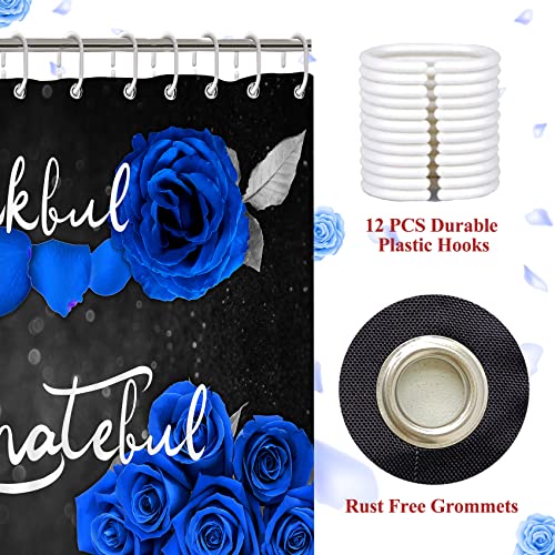 4Pcs Blue Rose Shower Curtain Set, Thankful Grateful Blessed Bathroom Curtain with Non-Slip Rug, Toilet Lid Cover, Bath Mat and 12 Hooks, Romantic Royal Blue Floral Wedding Decor for Bath, 72 x 72 in - color: Blue