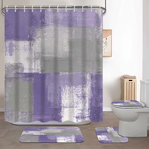 Lnond 4Pcs Purple Bathroom Shower Curtain Sets with Rugs, Purple and Grey Painting Art Bathroom Sets with Shower Curtain and Rugs and Accessories - color: 1-purple
