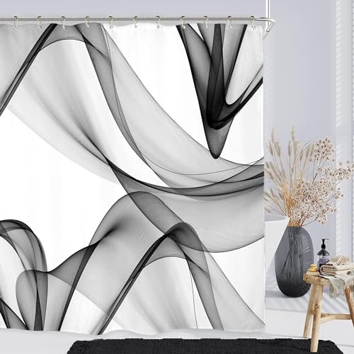Miyotaa Black White Gray Shower Curtain Set 60Wx71H Inches Abstract Modern Contemporary Art Waves 3D Polyester Waterproof Bathroom Curtain with 12 Hooks - color: Black White Gray Waves, size: 60"W x 71"L (Pack of 1)