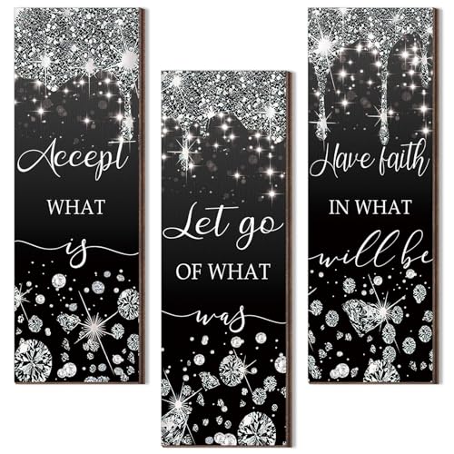 Domensi 3 Pcs Black and Silver Living Room Decorations Glitter Diamond Bathroom Wall Decor Wooden Accept Let Go Have Faith Wall Art Bathroom Decor Black Silver Shiny Drips Hanging Sign for Home Spa