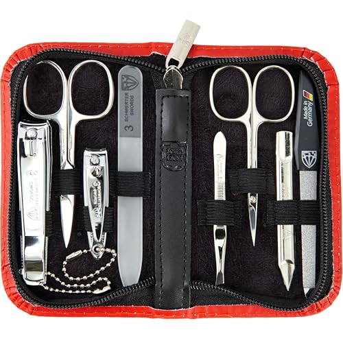 3 Swords Germany – brand quality 8 piece manicure pedicure grooming kit set - color: RED - GENUINE LEATHER