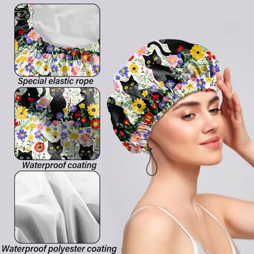 2 PCS Shower Cap Reusable Waterproof Double Layers Hair Caps Shower Bath Adjustable Elastic Hat for Women Girls Cute Aesthetic-Grass Black Cat - color: AI14-Grass Black Cat