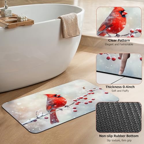 Bath Mat,Red Cardinal Bathroom Rugs,Quick-Drying Non-Slip Rubber Bath Mats Absorbent Diatomaceous Earth Mat for Bathroom Home Decor 17"x29.5" - color: Red Cardinal