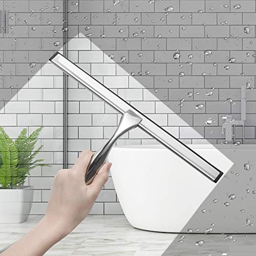 Simtive 14-Inch Shower Squeegee Set, Includes Shower Door Hook and Adhesive Hook, Squeegee for Shower Doors, Mirror and Window, Silver - color: Silver, size: 14-Inch