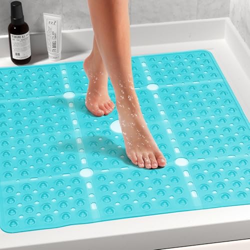 Large Square Shower Mat 27 x 27 Inch Clear Green, Non Slip Shower Bathtub Mats for Inside Shower with Big Suction Cups Drain Holes, Anti Slip Bathroom Floor Stall Mats, Easy Clean, BPA-Free - color: Clear Green