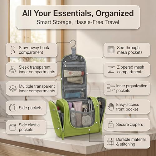 Bago Travel Toiletry Bag for Women and Men - Large Waterproof Hanging Large Toiletry Bag for Bathroom and Makeup Bag for Toiletries Organizer -Travel Makeup Bag (Green) - color: Green, size: Large