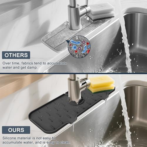 Gosmol Kitchen Faucet Sink Splash Guard - Faucet Guard & Draining Mat Black | Silicone water catcher mat, Sink drain pad behind fauce; Sink rubber mat, Faucet Mat, kitchen bathroom protect around faucet - color: Black