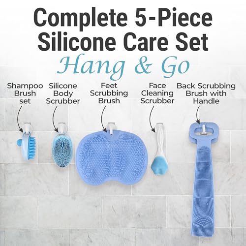 5 PCS Silicone Loofah Body Scrubber Care Set – Back Scrubber, Face Brush, Foot Scrubber, Shampoo & Scalp Brush, Silicone Body Scrubber with Handle (Blue)