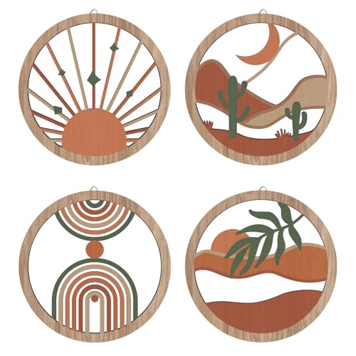 HPNIUB 4 Pcs Boho Wall Art Decor, Bohemian Geometric Hanging Wood Sign for Living Room, Aesthetic Abstract Desert Cactus, Minimalist Farmhouse Botanical Wooden Plaque for Apartment Bedroom(10''x10'') - color: Bohemian geometric
