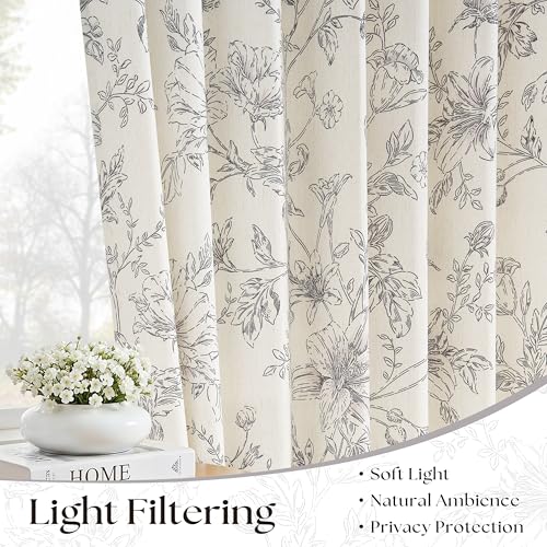 Short Linen Floral Pinch Pleated Curtains 36 Inches Long for Bathroom Black Farmhouse Light Filtering Lily Peony Flower Patterned Cafe Curtain Semi Sheer Drape for RV Camper Small Windows 2 Panels - color: Black, size: 40"W x 36"L (Pack of 2)