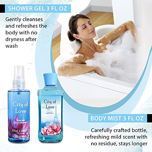 Bath & Body Kit, 3 Fl Oz, Ideal Skincare Gift Home Spa Set, Includes Body Lotion, Shower Gel, Body Cream, and Fragrance Mist, Birthday Mother's Valentine's Day Gifts(City of Love)
