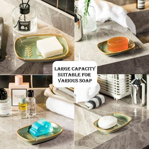 Miamolo Soap Dish Soap Holder Shower, Ceramic Soap Dishes for Bar Soap Sponge, Shower Soap Dish Soap Saver Tray for Bathroom Kitchen Sink, Easy to Clean, Green - color: Green, size: Leaf Design