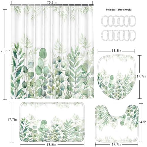 DDQQ 4Pcs Green Bathroom Set Leaves Shower Curtain Set Spring Eucalyptus Leaf Shower Curtain for Bathroom with 12 Hooks, Bathroom Decor Accessories for Bathroom Toilet Lid Cover - color: Green