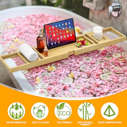 Premium Bathtub Tray - Expandable Bamboo Wooden Bath Trays for Bathub - Bath Tub Table Tray for Bathtub/Tub,Adjustable Size, Fits Most Tubs - color: Bamboo Wood Natural