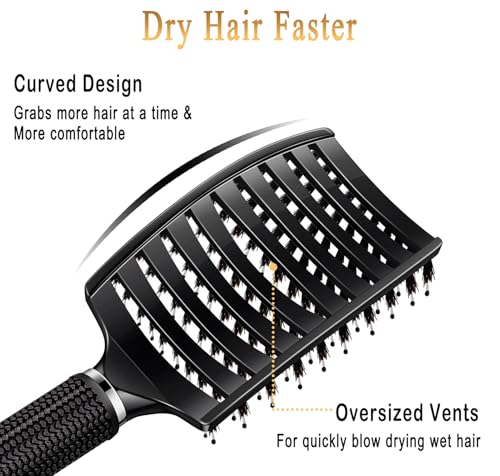 KTKUDY Detangling Brush Boar Bristles Hairbrush Make Hair Shiny & Healthier Curved and Vented Detangler Brush for Women Men Kids Wet & Dry Hair (Black) - color: Black