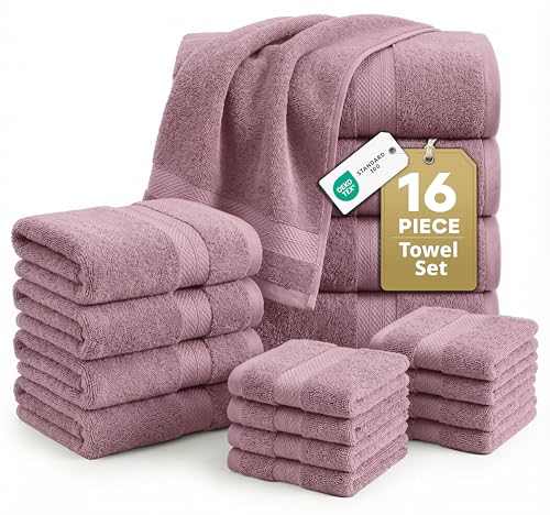 LANE LINEN 100% Cotton Turkish Towels for Bathroom - 16 Piece - Softer & Highly Absorbent - 4 Bath, 8 Wash cloths, 4 Hand Towels - Complete Family Set, Hotel Quality & Gentle on Skin - Wistful Mauve - color: 11: Wishful Mauve