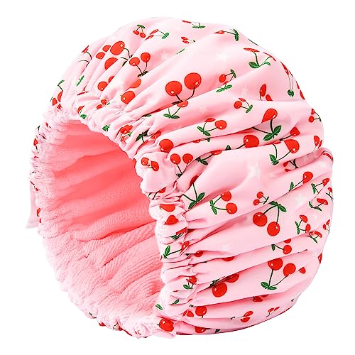 Shower Cap for Women Terry Lined Bath Cap Large Reusable Waterproof Elastic Band Pink Shower Caps for Long Thick Hair Soft Bath Shower Hair Caps - color: Pink Cherries