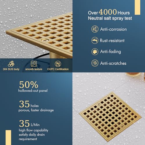 Champagne Bronze 4 Inch Shower Floor Drain with Flange - Square Shower Drain with Hair Strainer - Removable Strainer Cover - SUS304 Stainless Steel - Antique Brass - color: Champagne Bronze