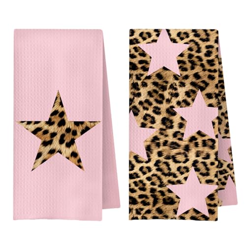 Preppy Pink Leopard Star Kitchen Towels Decorative, Trendy Y2K Girly Cheetah Print Hand Towels for Girls Dorm Bathroom Washroom Spa Yoga Room, 16x24 Inch Set of 2