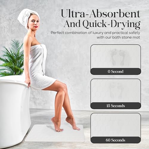 Diatomaceous Earth Stone Bathmat | Eco-Friendly XL Stone Bath Mat 18x24 Inch. Instant Dry Bathroom Mat with Sandpaper & Pads. Multiuse, Kitchen Counter & Stone Dog Bowl Mat (2, White) - color: White