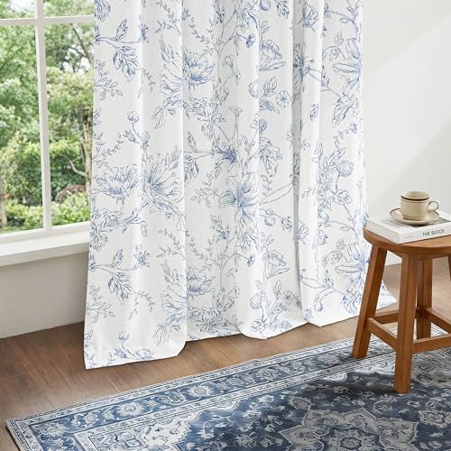 Navy Blue Linen Floral Pinch Pleated Curtains 36 Inches Long Neutral Farmhouse Light Filtering Lily Peony Flower Patterned Cafe Curtain French Country Short Drapes for Kitchen Bathroom RV Camper - color: Blue, size: 40"W x 36"L (Pack of 2)