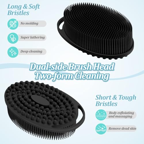 Silicone Back & Body & Face Scrubber Set 3PCS, Gentle Exfoliating Back & Body Scrubber with Dual-Side Brush Head, Hygienic Silicone Loofahs with Soft Bristle and Non-Slip Handle(Black-3PC) - color: Black*3