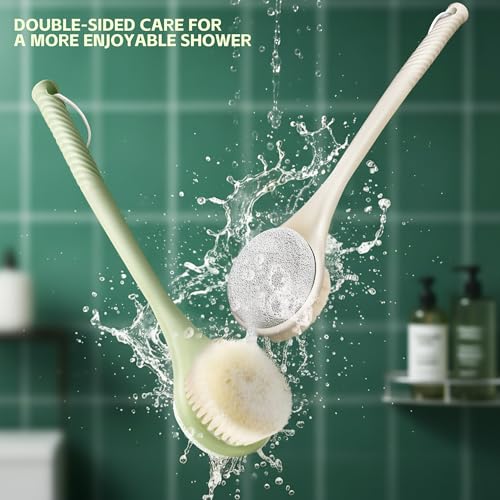 Back Scrubber for Shower, Long Handle Exfoliating Brush, Dual-Sided Bath Brush with Soft Bristles & Volcanic Pumice Stone, Anti-Slip Grip for Men & Women (Light Yellow) - color: Yellow