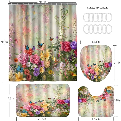 DDQQ 4-Piece Butterfly Floral Shower Curtain Set Botanical Aesthetic Flower Bathroom Set with Shower Curtain and Rugs, Cute Fun Decorative Bath Curtain with Hooks for Home Decor - color: Green