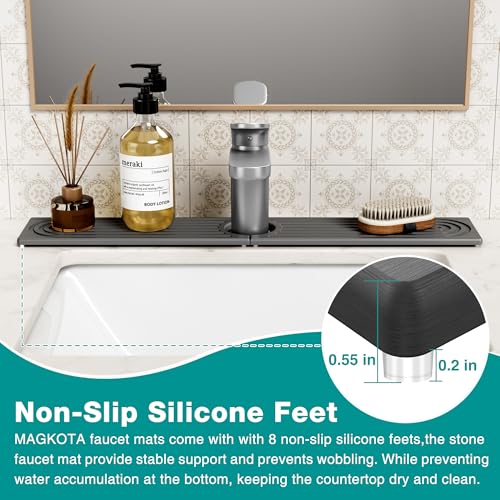 Stone Faucet Mat for Kitchen Sink - Quick Dry Diatomite Sink Splash Guard, Prevents Moisture Buildup & Water Stains, Water Absorbing Stone Tray for Bathroom Countertop (Dark Gray, 23.6" x 4") - color: Dark Gray, size: 23.6" x 4"