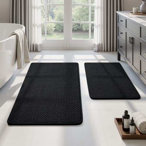 HOMEIDEAS Bathroom Rugs Set 2 Piece, Ultra Thin Non-Slip Bath Mats Rubber Backed, Chenille Absorbent Quick Dry Mats for Shower & Vanity, Low Profile Fits Under Door (Black, 32"x20"+24"x17") - color: Black