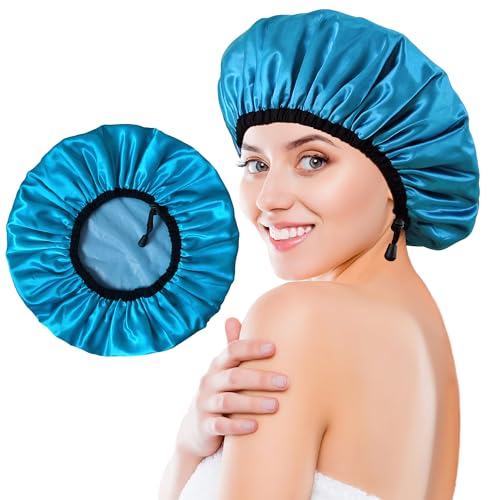 Shower Cap for Women, Large Shower Caps Reusable Waterproof with Elastic Band, Silky Satin Double-layer Bath Cap for Braids Long Hair - color: Set H