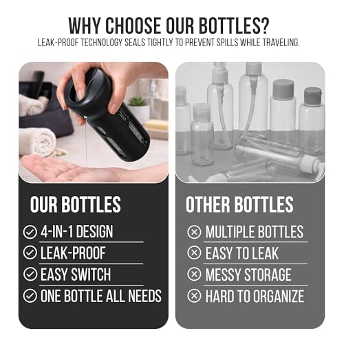 Travigo 4-in-1 Travel Dispenser Bottle, TSA Approved, Leak Proof, Four Reusable 1.4 oz. (40 mL) Toiletry Containers for Shampoo, Conditioner, Soap, Lotion, Skincare (Black) - color: 1 Dispenser (Black)