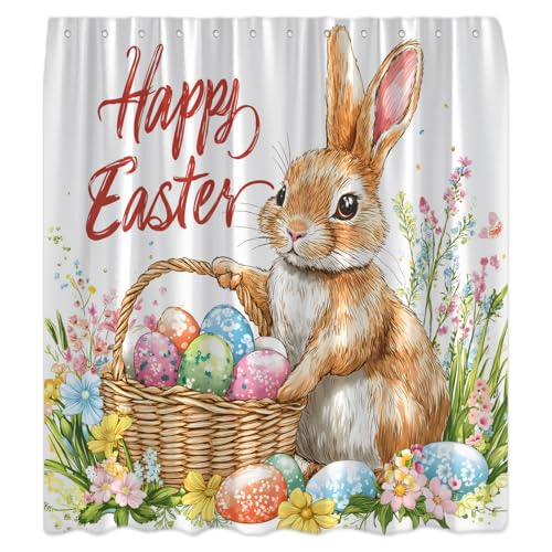 Easter Shower Curtain Cute Rabbit Colorful Eggs Spring Floral, 70x70 Inch | Rustic Bunny, Watercolor Flower Plant, Polyester Bath Curtain, Includes Hooks